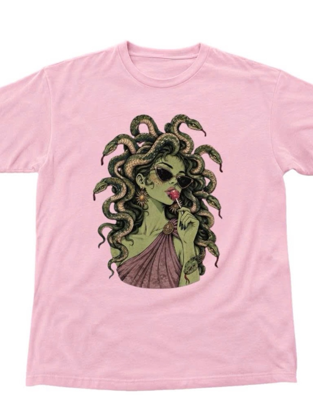 Gildan Pink Tee with Green Medusa Graphic